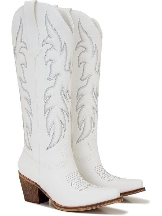 Amazon.com | Ouepiano White Cowgirl Boots Women Cowboy Knee  Women White 1 Pointed Toe Chunky Heel Western Knee High Side Zipper Cowgirl Boot